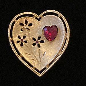 Vintage Signed J.J. Jonette Gold Tone Floral Heart with Red Rinestones Brooch